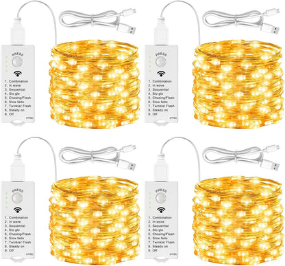 Skiennix 4 Pack Rechargeable Fairy Lights - 16FT 50 LED Indoor String Lights | 8 Modes & DIY Timer, Warm White