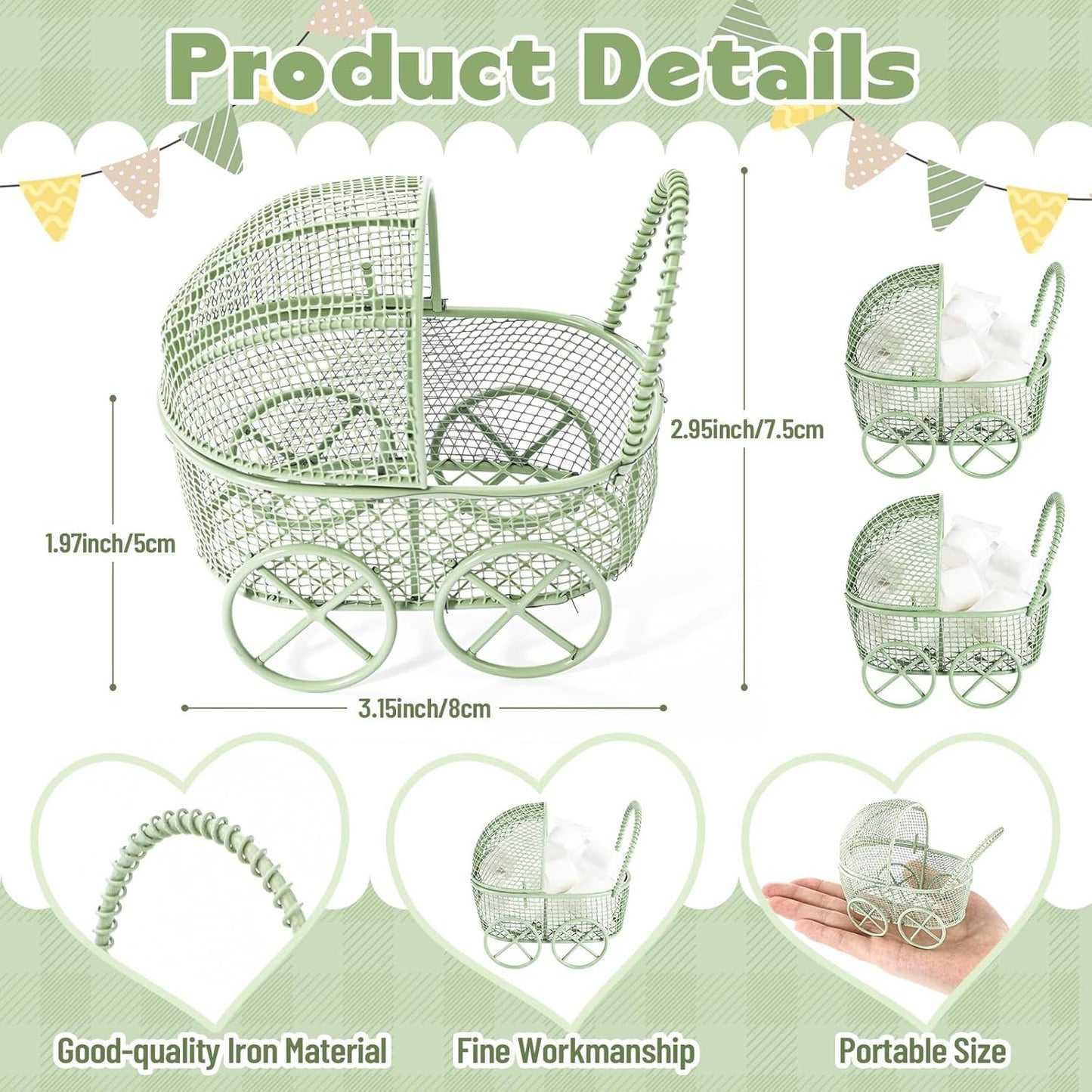 Threehoney 12 Pcs Baby Shower Mini Carriage Decoration Greenery Color Metal Wired Fillable Candy Stroller Baby Shower