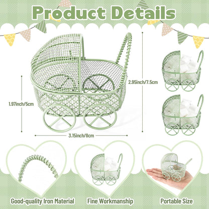 Threehoney 12 Pcs Baby Shower Mini Carriage Decoration Greenery Color Metal Wired Fillable Candy Stroller Baby Shower