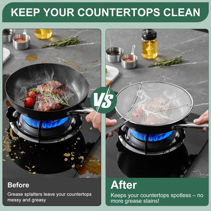 Splatter Screen for Frying Pan - 9.8" 11.4" 13" Stainless Steel Fine Mesh Grease Splatter Guard with Silicone Handle, Hot Oil Splash Guard for Cooking to Prevent Oil Splatter, Safe Cooking