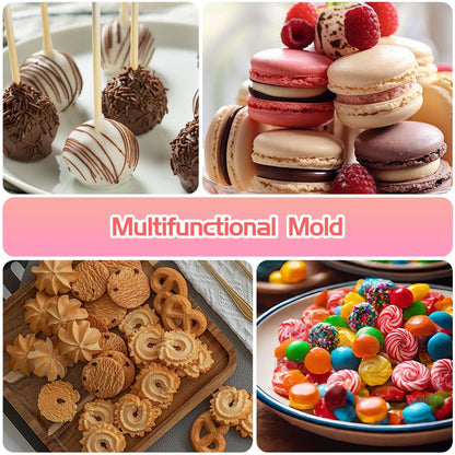 5Pcs Silicone Lollipop Molds Kit, YUX-DTDSU 8 & 12 Holes Hard Candy Molds, Non-Stick Sucker Mold for Making Chocolate, Candy, Cookie, Flower Mold with 100Pcs Lollypop Sticks, Gold Ties, Treat Bags