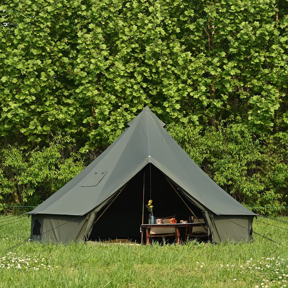 WaldZimmer Canvas Bell Tent 16.4ft Green with Stove Jack and Zipped Removable Floor, Luxury Outdoor Glamping Yurt Cotton Tent for Family Truck Car Camping Hunting Party