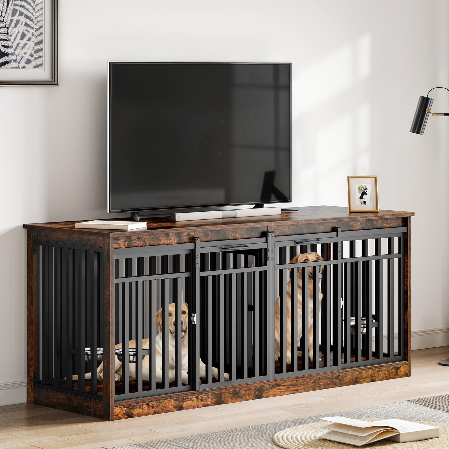 DWVO 71" Double Dog Crate Furniture for 2 Medium Dogs, Heavy Duty Wood Dual Dog Kennel TV Stand with Sliding Doors, Decorative Wooden 2 Dog Cage Table with Dog Bowls for Extra Large Dogs Rustic Brown