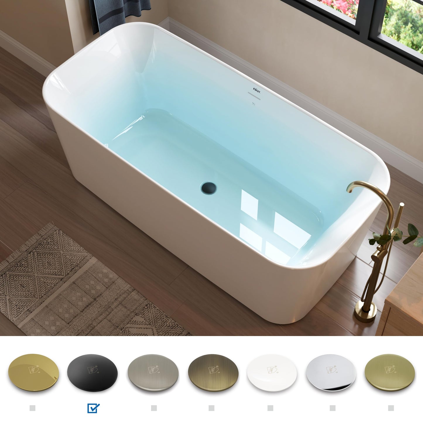 FerdY Maui 67" Acrylic Freestanding Bathtub, Contemporary Elegant Design Soaking Tub with Matte Black Drain and Minimalist Linear Design Overflow, Easy to Install