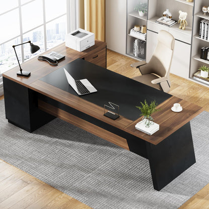 Tribesigns 78" L-Shaped Executive Desk, Extra Large Modern Office Desk with Drawers and File Cabinet, Business Furniture with Storage Shelves, Big Computer Desk for Home Office (Light Walnut + Black)