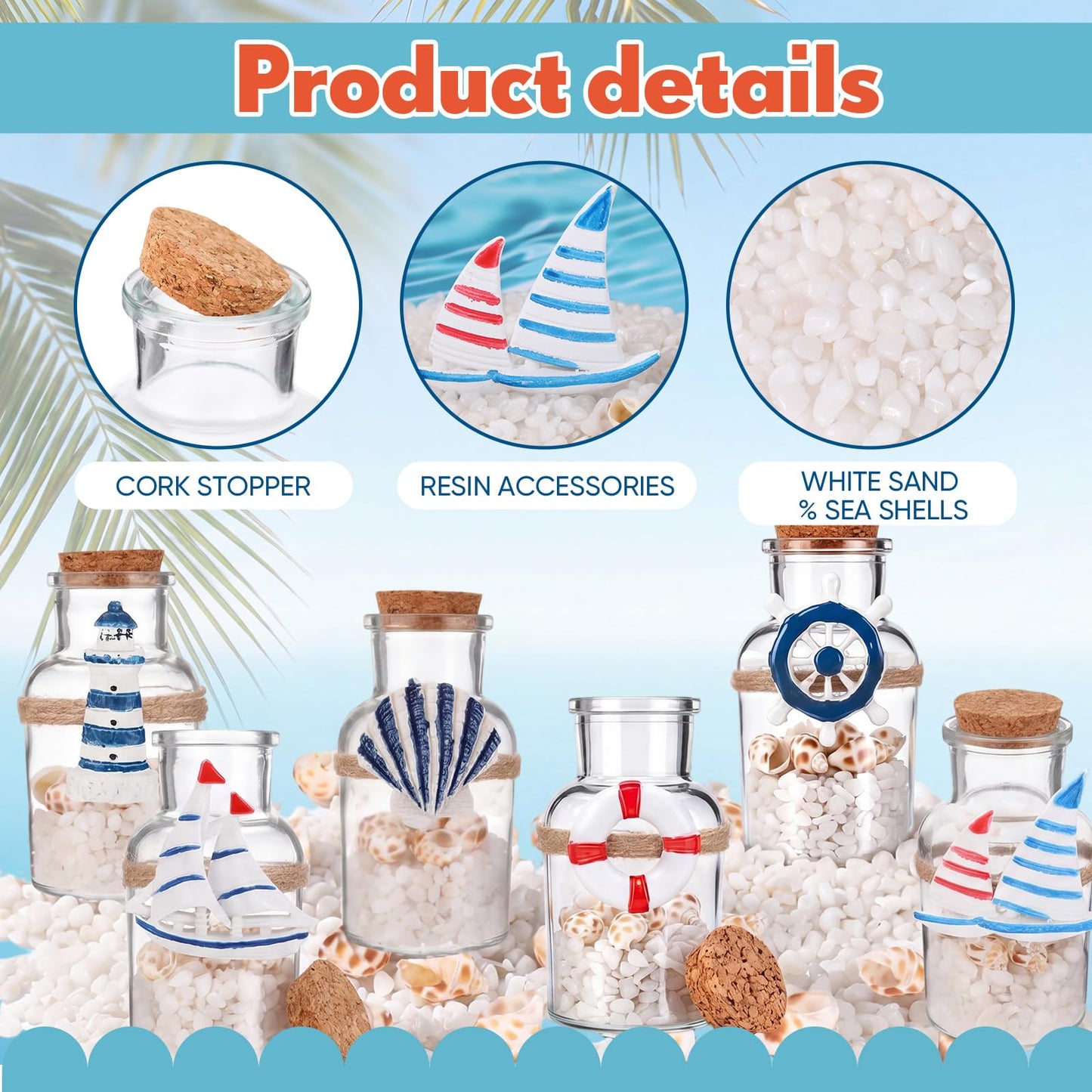 Gandeer 6 Pack Beach Glass Bottles with Cork Honeymoon Sand Jar White Sand Rocks Natural Sea Shells for Coastal Beach Room Decor Home Tabletop Summer Decorations Bridal Shower Gifts