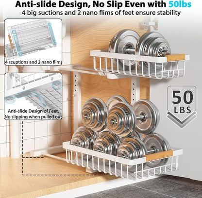 Liuoud Under Sink Organizer - 2 Pack Adjustable 2-Tier Storage Solution for Kitchen & Bathroom Cabinets - White