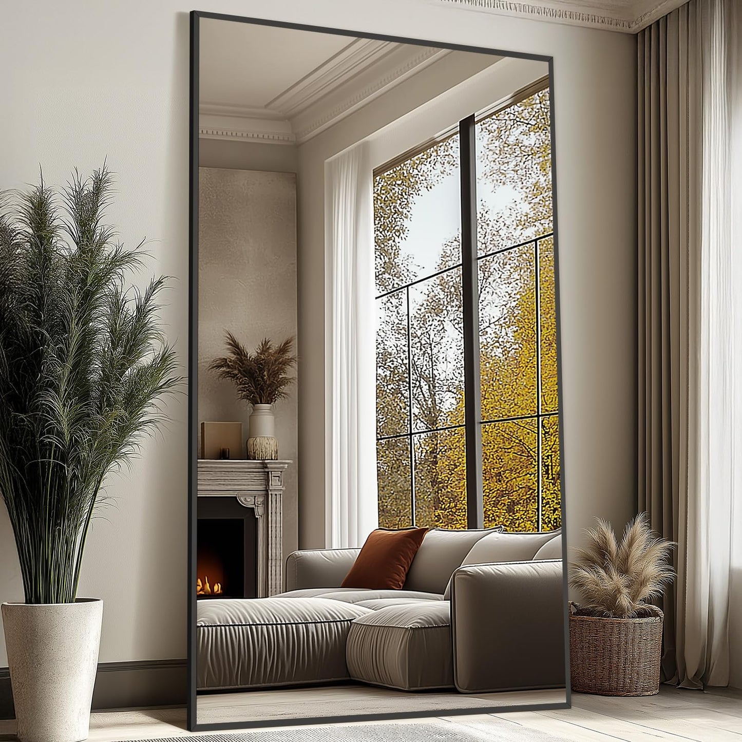 Mirrorons 82"x44" Oversized Black Full Length Mirror, Floor Standing or Wall Mounted with Hanging Kit, Shatterproof Tempered Glass Mirror for Living Room, Bedroom, Dressing Room, Gym