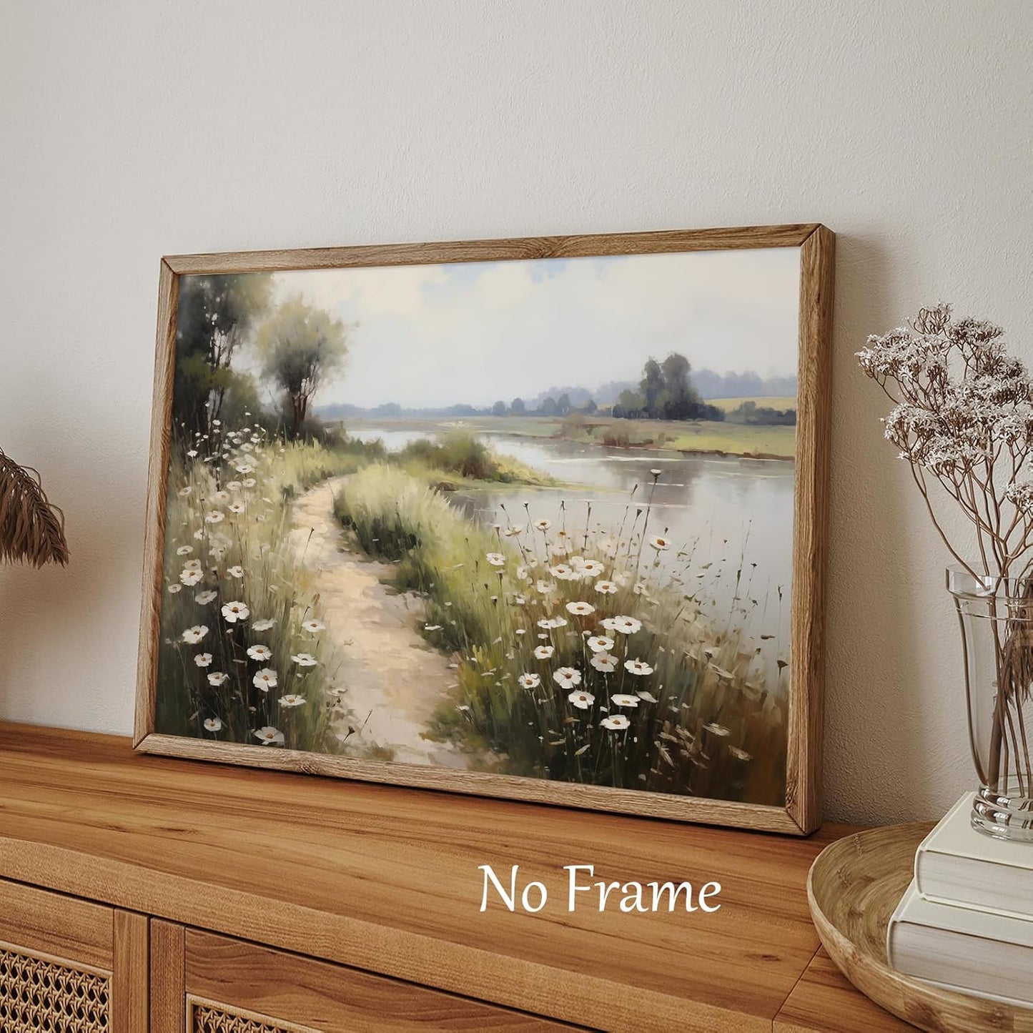Wildflower Field Landscape Picture, Vintage Canvas River Painting, Country Scene Artwork, 16x24inch No Frame