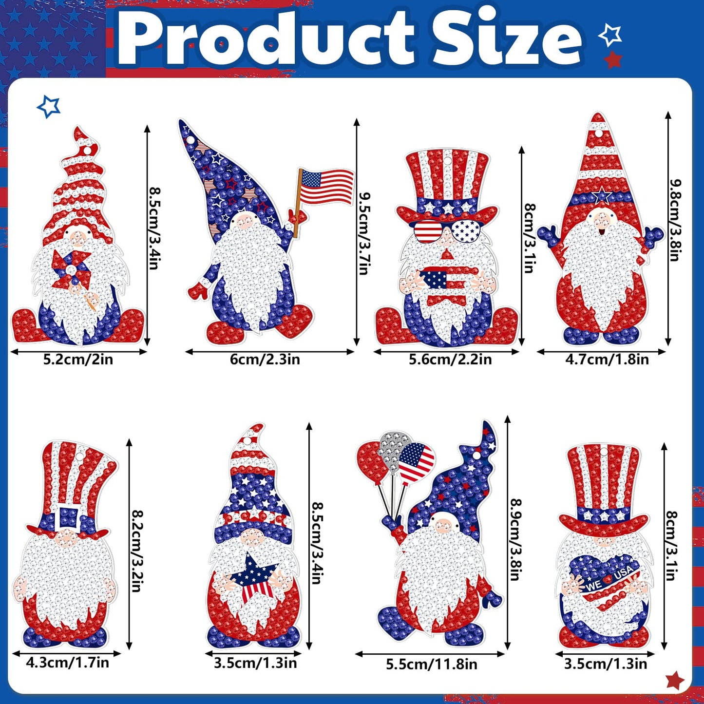 Outus 24 Pcs 4th of July Diamond Art Keychains Patriotic Diamond Keychains Memorial Day Gnome American Flag Double-Sided 5d DIY Art for Beginners Adults 250th Anniversary Independence Day Party Favors