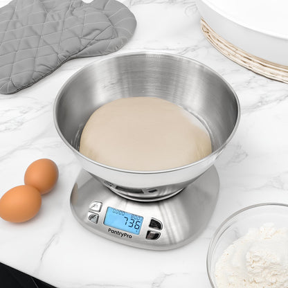 Stainless Steel Digital Kitchen Scale w. Bowl - for Food Coffee Lab - LCD Display gram Ounces lb:oz lb ml - 12 LBS/5.5 KG Capacity - Battery Included - Gold by The Display Guys