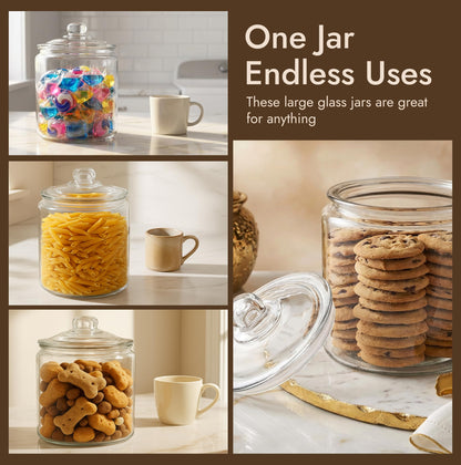1 Gallon Glass Cookie Jar with Lid – Glass Jar with Lid - Airtight Food Storage Container for Cookies, Candy, Flour, Dog Treats – Clear Large Kitchen Jar for Pantry - Glass Containers with Lids