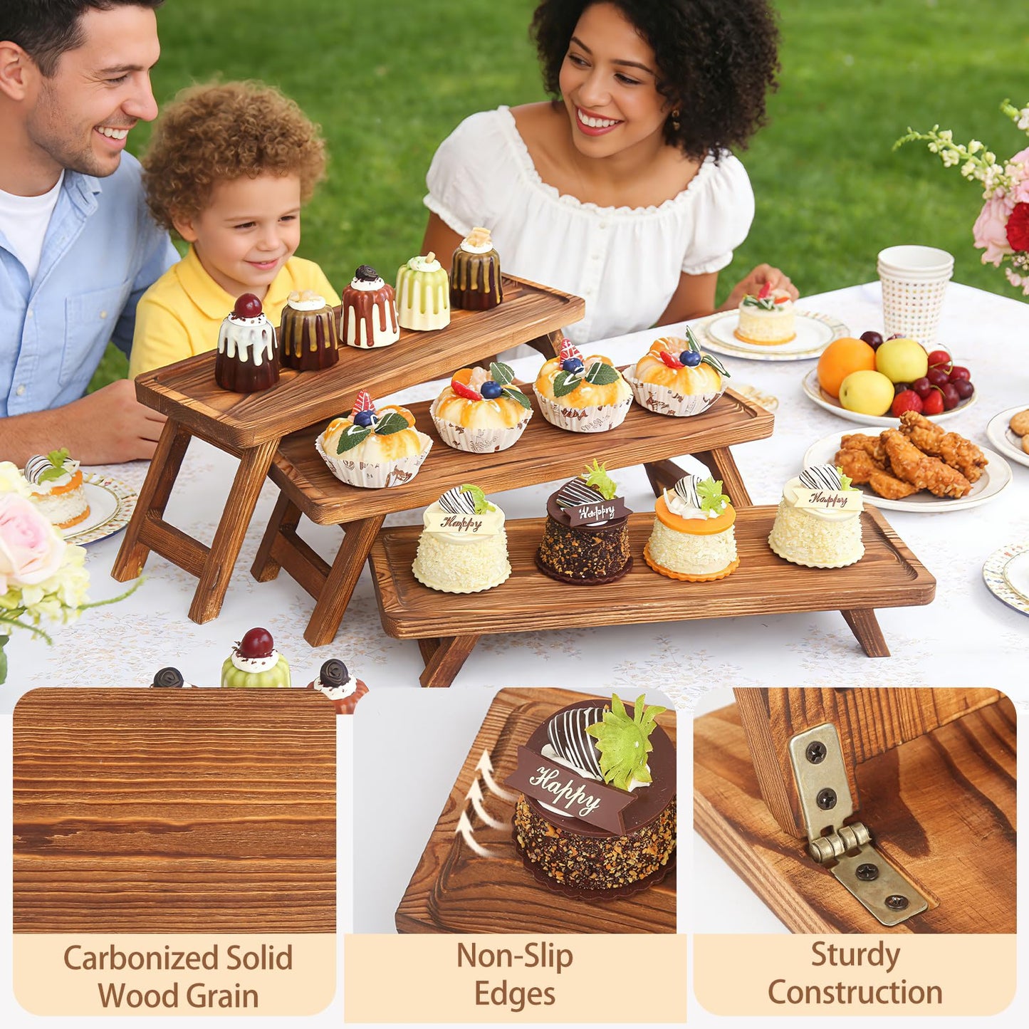Wisreach 3 Tier Wooden Serving Tray Stand, Foldable Tiered Dessert Display Set for Party, Wedding, Birthday, Christmas, Rustic Charcuterie Boards Table Decor