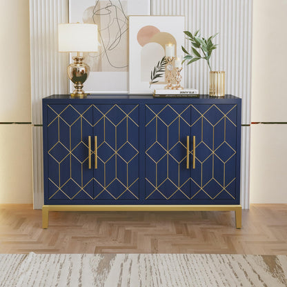HLR 48" Accent Cabinet with 4 Doors and Shelves, Modern Credenza Storage Cabinet with Gold Trim, Sideboard Buffet for Living Room, Kitchen, Dining Room, Hallway, Blue