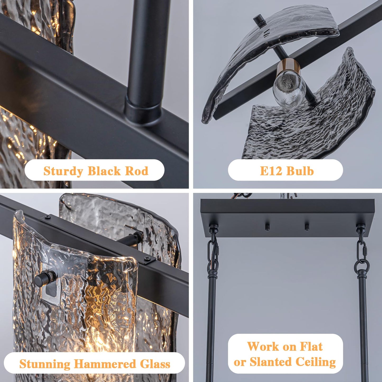 EDISLIVE 5-Light Glass Block Chandeliers Pendant Light Kitchen Island 47.24in E12 Linear Adjustable Hanging Lighting Fixture with Black Finish Grey Water Ripple Glass for Dinning Room Living Room