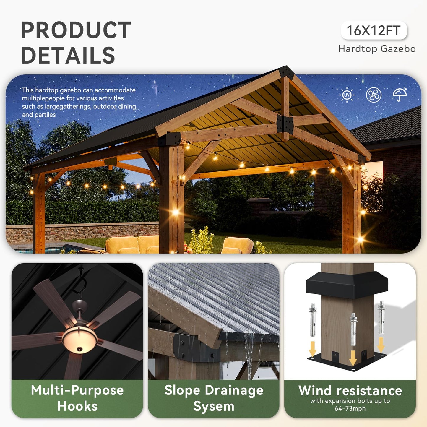 Aoxun 12' x 16' Outdoor Wood Gazebo, Permanent Cedar Wooden Pavilion with Galvanized Steel Hardtop Gable Roof, Heavy Duty Patio Gazebo for Garden, Backyard, Deck, Lawn and Outdoor Living Space