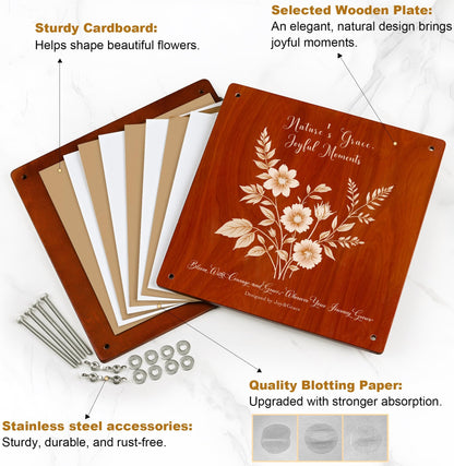 Joy&Grace Large Flower Press Kit for Adults with Designed Cover and DIY Album, 10.9" x 10.9" 10 Layers Plant Press and Plant Drying Toolkit, Flower Preservation Kit (Color Box, Mahogany Color)