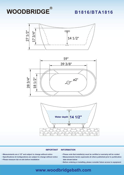 WOODBRIDGE 59" Acrylic Freestanding Bathtub Contemporary Soaking Tub with Brushed Nickel Overflow and Drain, B-1816 Black Color