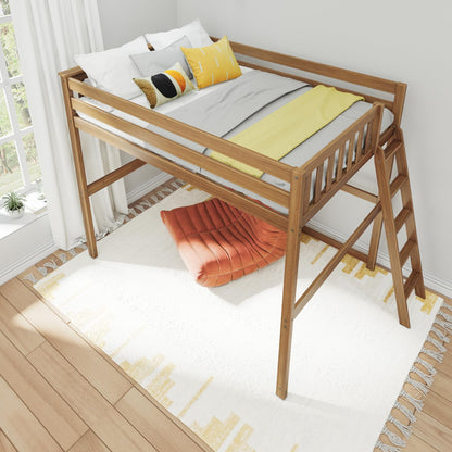 Max & Lily Full Size High Loft Bed with Ladder on End, Pecan, Solid Wood Modern Bed Frame for Kids/Teens, Pine, Non-Toxic Finish, 400 lb. Weight Capacity, Easy Assembly