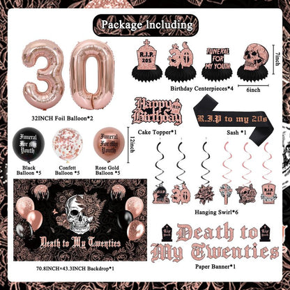 Crenics Rose Gold and Black Death to My 20s Decorations - Death to My Twenties Backdrop, Banner, Honeycomb, Sash, Hanging Swirls, Cake Topper and Balloons for 30th Birthday Party Decorations for Her