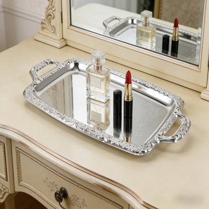 Rectangular Silver Serving Tray, Vintage Metal Tray for Whiskey Decanter Candlesticks Vanity Perfume and Snack Bread Breakfast Fruit Serving Dish