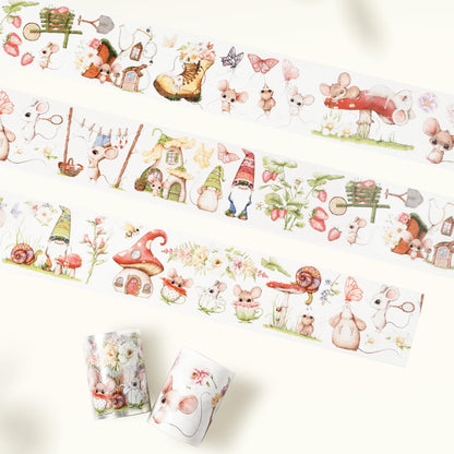 WT Pre-Cut Squeaky Mischief Wide PET Tape, 1 Roll, Original Playful Cartoon Mice & Whimsical Garden Designs, Transparent Clear Adhesive Tape for Scrapbooks, Junk Journals, Planners, DIY Crafts & Gifts