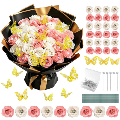 JarThenaAMCS 2026 Graduation Glitter Rose Bouquet 24Pcs White Pink Rose Artificial Flowers with Stems DIY Toppers 3D Gold Butterfly Rhinestone Pins Ribbon for Congrats Grad Mother's Day Birthday