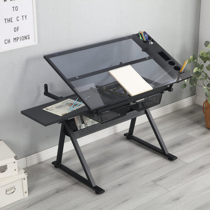 NicBex Home Office Desks with Ample Storage Contemporary Black Adjustable Tempered Glass Drafting Printing Table with Chair Adjustable Tilt, Easy Assembly, Black