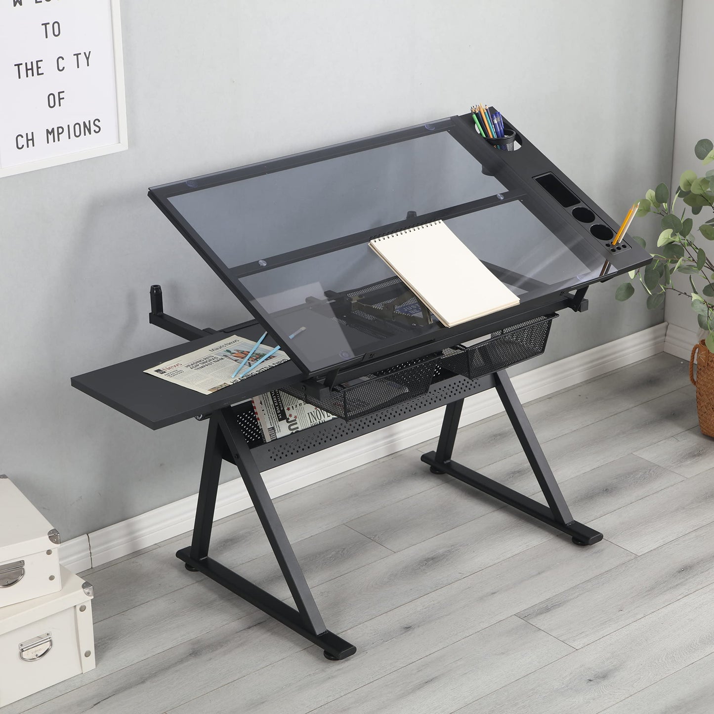 GOWE Black Adjustable Tempered Glass Drafting Printing Table with Chair