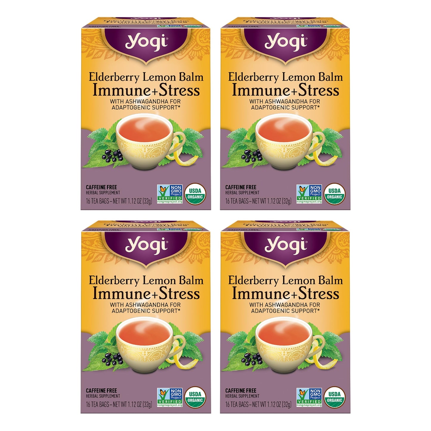 Yogi Tea Elderberry Lemon Stress & Immune Support Tea - 16 Tea Bags, 4 Packs - With Ashwagandha, Lemongrass, Licorice Root & More