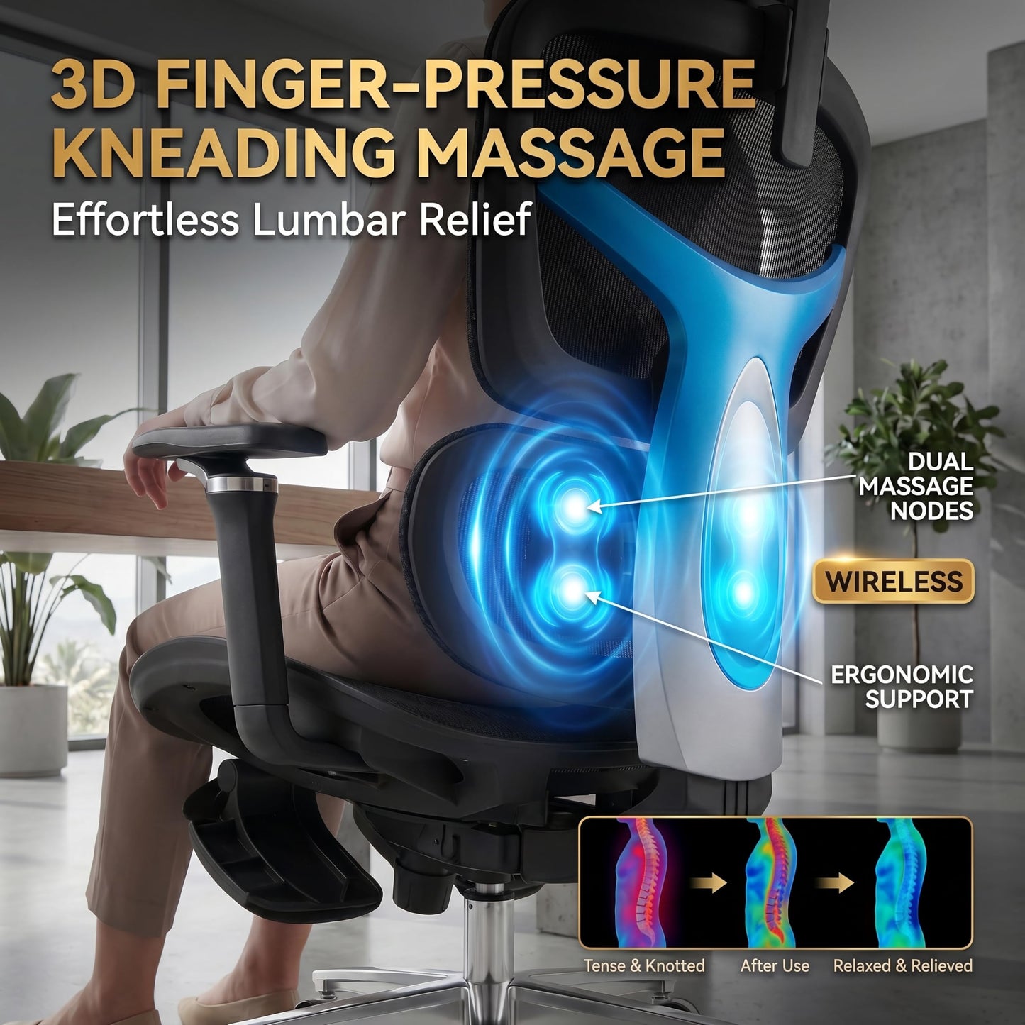 Ergonomic Office Chair with Footrest & 3D Massage Lumbar Support, Adjustable Seat Depth & Back Height,Big and Tall,400lbs, 4D Headrest, 4D Armrests, Reclining Office Chair for Home Office (Black)