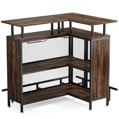Tribesigns Home Bar Unit, L-Shaped Bar Table with Stemware Racks and 2-Tier Shelves, Corner Mini Coffee Liquor Cabinet with Footrest for Home/Kitchen/Pub, Rustic Brown