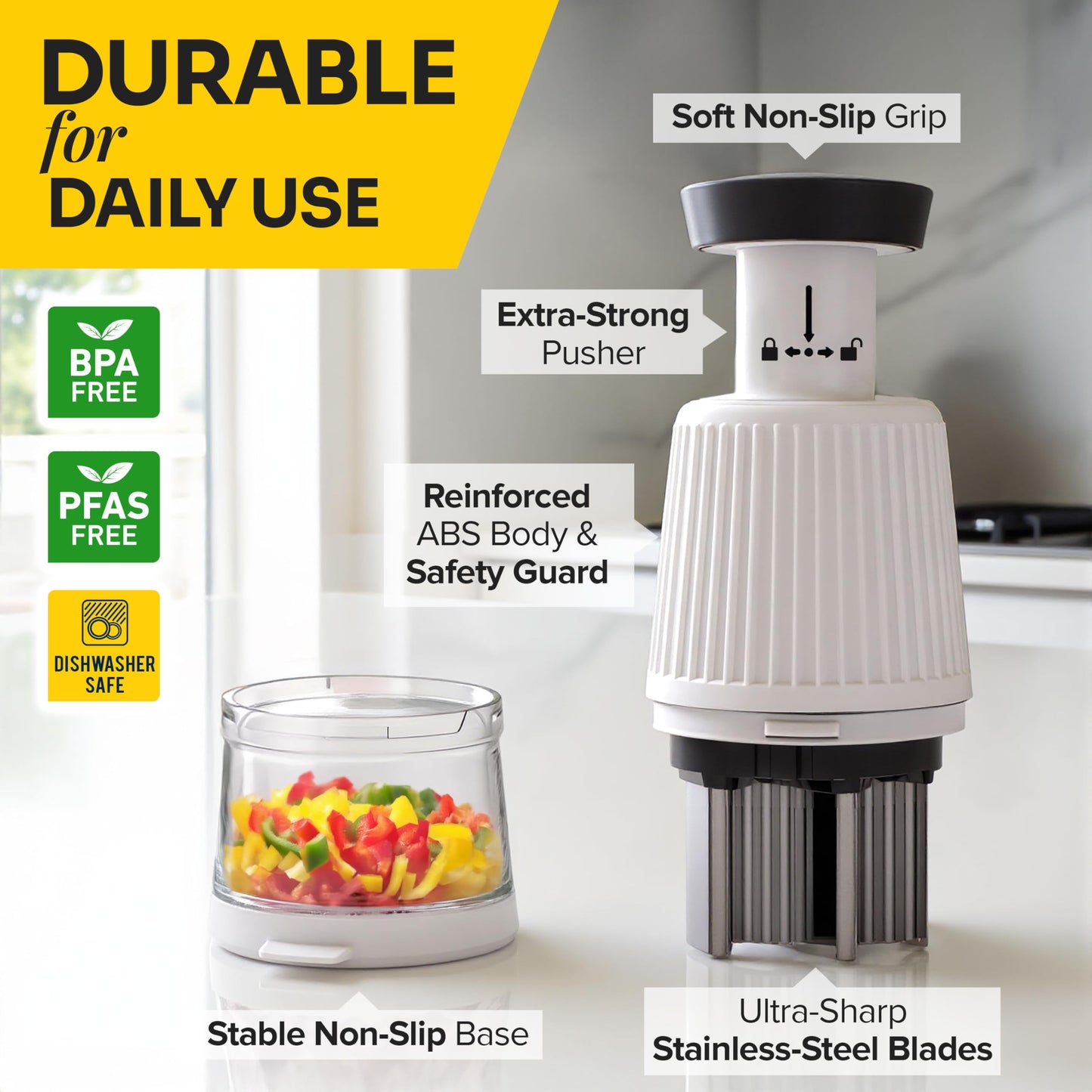 UltraChop Push Food & Vegetable Chopper, Heavy-Duty Stainless Steel Blades, Durable & Ergonomic Design, Veggie, Meat, Garlic Cutter, Slicer, Soft Non-Slip Grip, Home Essentials Kitchen Gadgets