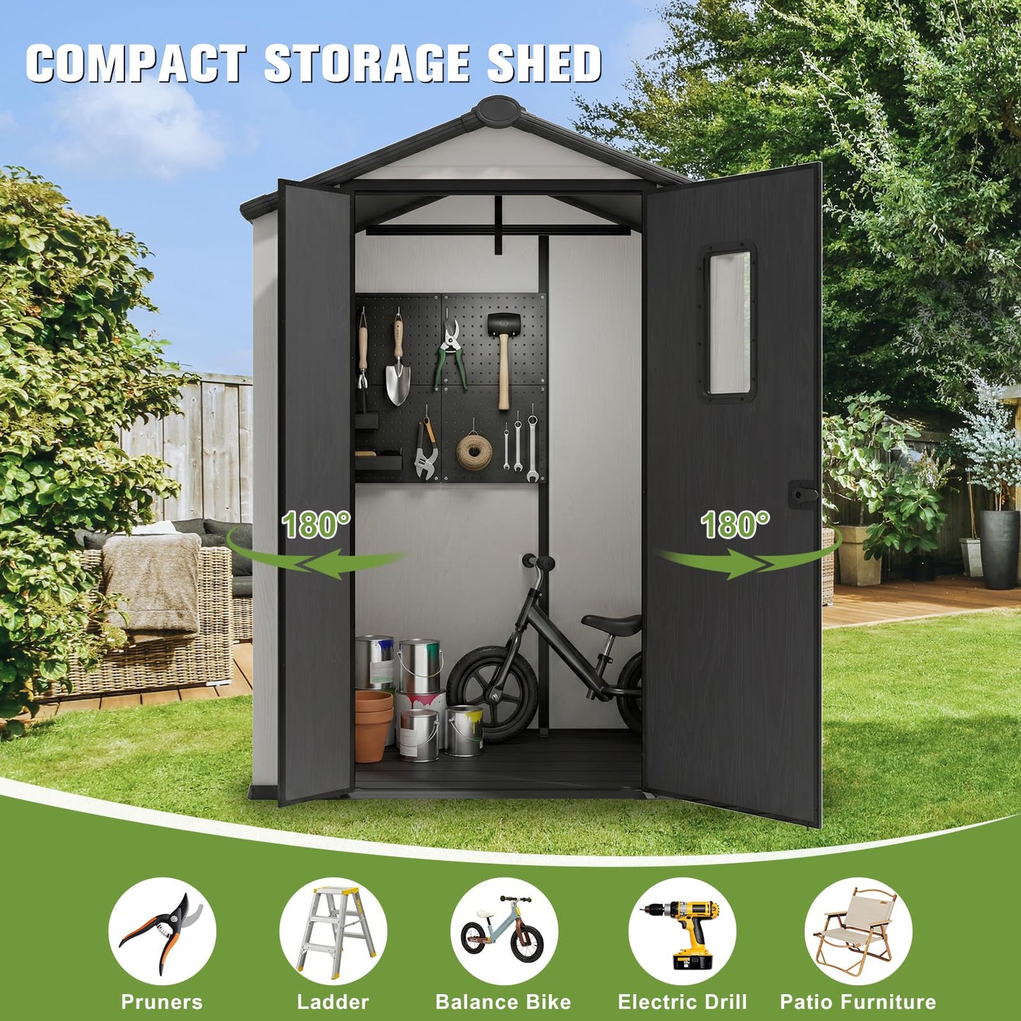 COOS BAY 5x3 Outdoor Storage Shed with Floor, Lockable Doors, All-Weather Resin Garden Tool Shed, White/Gray