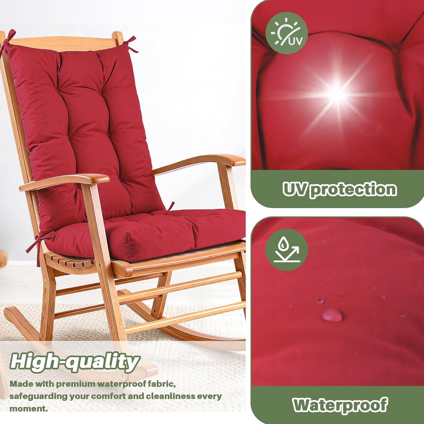 QemoraHome Set Rocking Chair Cushion Waterproof Weather Resistant Tufted with Ties, Non-Slip High Back Chair Pads
