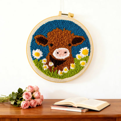 DIY Punch Needle Kits for Beginners Cute Cartoon Highland Cow with Daisy Flower with Hoop Embroidery Punch Needle Starter Craft Set Easy for Adults and Children Festival Gift and Decoration 20x20cm-1