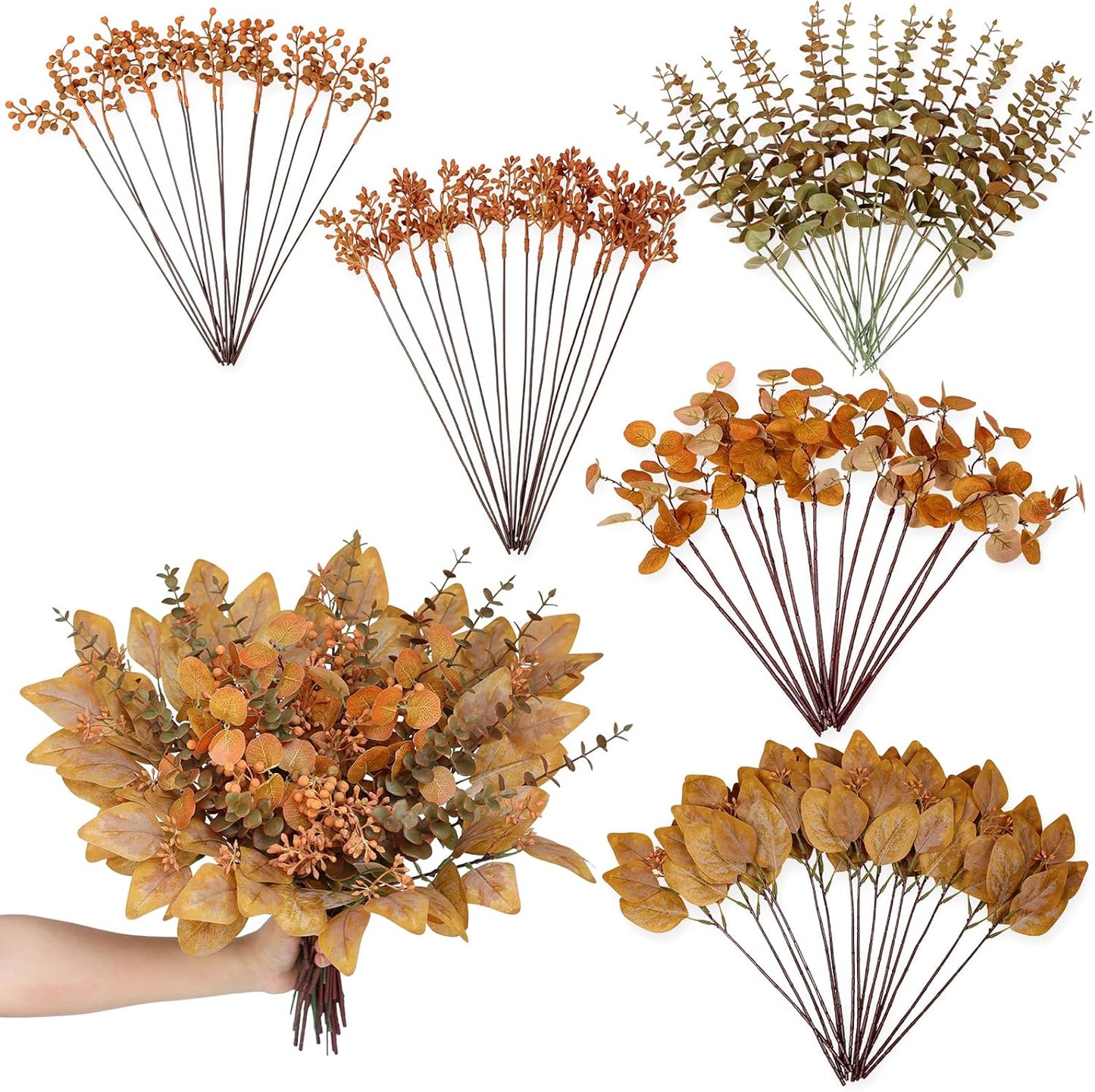 120 5 Pcs Kinds Mixed Artificial Eucalyptus Leaves Stems and Fake Berry Bulk for Fall Decorations,Faux Plants Bundle