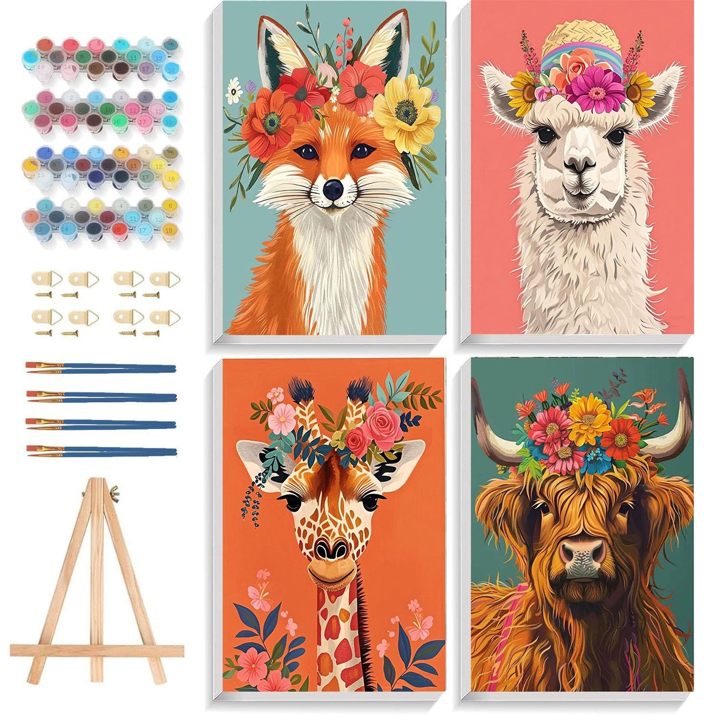 bleihum 4 Pack Paint by Numbers kit for Adults with Frame and Wooden Easel, Animals Paint by Number Canvas, Easy Paint by Numbers Kit for Adults Beginner Home Wall Decor Gift (8x12 inch)