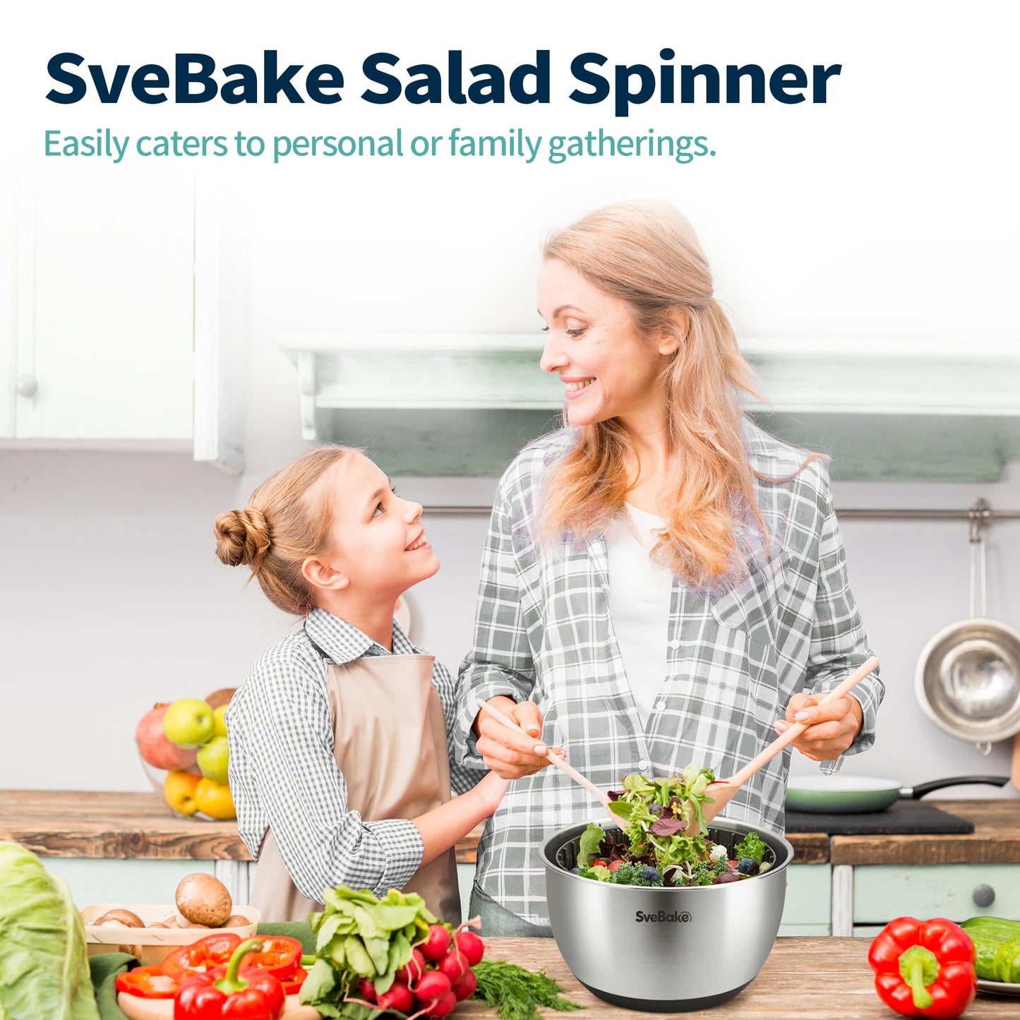 SveBake Stainless Steel Salad Spinner, 4.8 Qt Vegetable Washer, BPA-Free Lettuce Dryer with Crank Design, Dishwasher Safe, Non-Slip Base - Transparent Lid