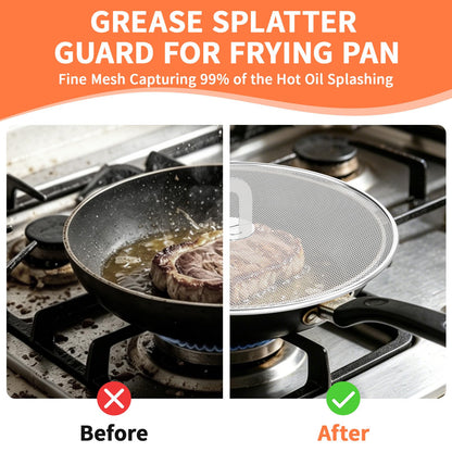 SHAOKAOLU Splatter Screen for Frying Pan Set, 3 Pack (10", 11.5", 13") Stainless Steel Grease Splatter Guard with Foldable Handle, Fine Mesh Oil Splash Screen with Silicone Oven Mitts, Dishwasher Safe