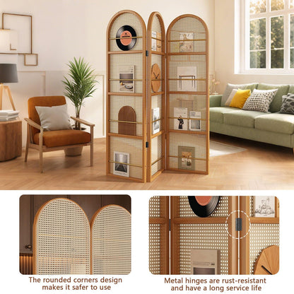 Rattan Room Divider Portable Partition with Built-in Bookshelf, 67" Foldable Privacy Screen for Room Separation, Home Office, Bedroom, 2 Panel Design
