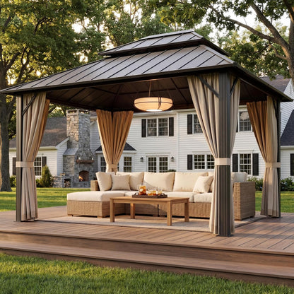 Devoko 10' x 12' Metal Hardtop Gazebo,Aluminum Outdoor Deck Gazebo with Mosquito Netting&Curtains, Permanent Pavilion with Double Roof for Backyard, Garden(Windproof, Snow-Load Bearing, Rustproof)