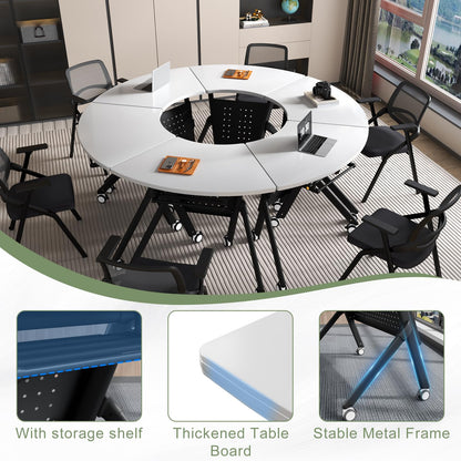 JFazzruit Folding Conference Table,Fan-Shaped Conference Room Tables with Wheels, Mobile Modular Seminar Meeting Desk for Classrooms,Office & Seminar (4, Fan-White)