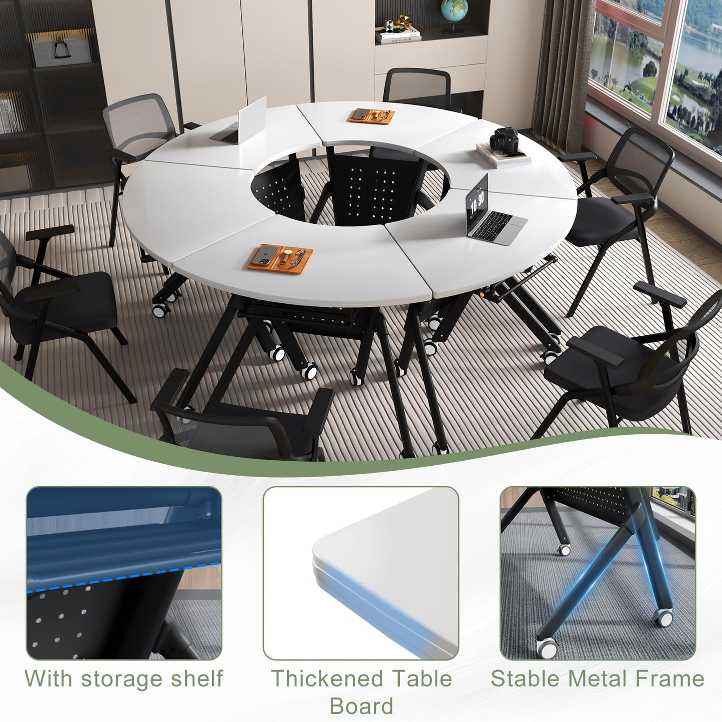 JFazzruit Folding Conference Table,Fan-Shaped Conference Room Tables with Wheels, Mobile Modular Seminar Meeting Desk for Classrooms,Office & Seminar (2, Fan-White)