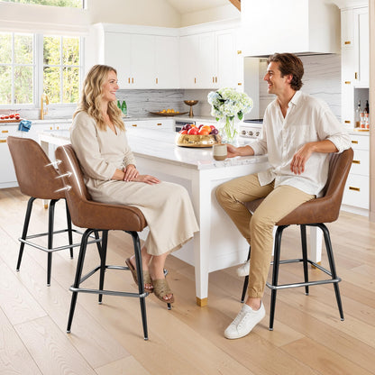 LUE BONA Counter Height Bar Stools Set of 3, 26" H Modern Barstools with Backs, Metal Frames and Brown Faux Leather Upholstered Accent Bar Stools for Kitchen Island