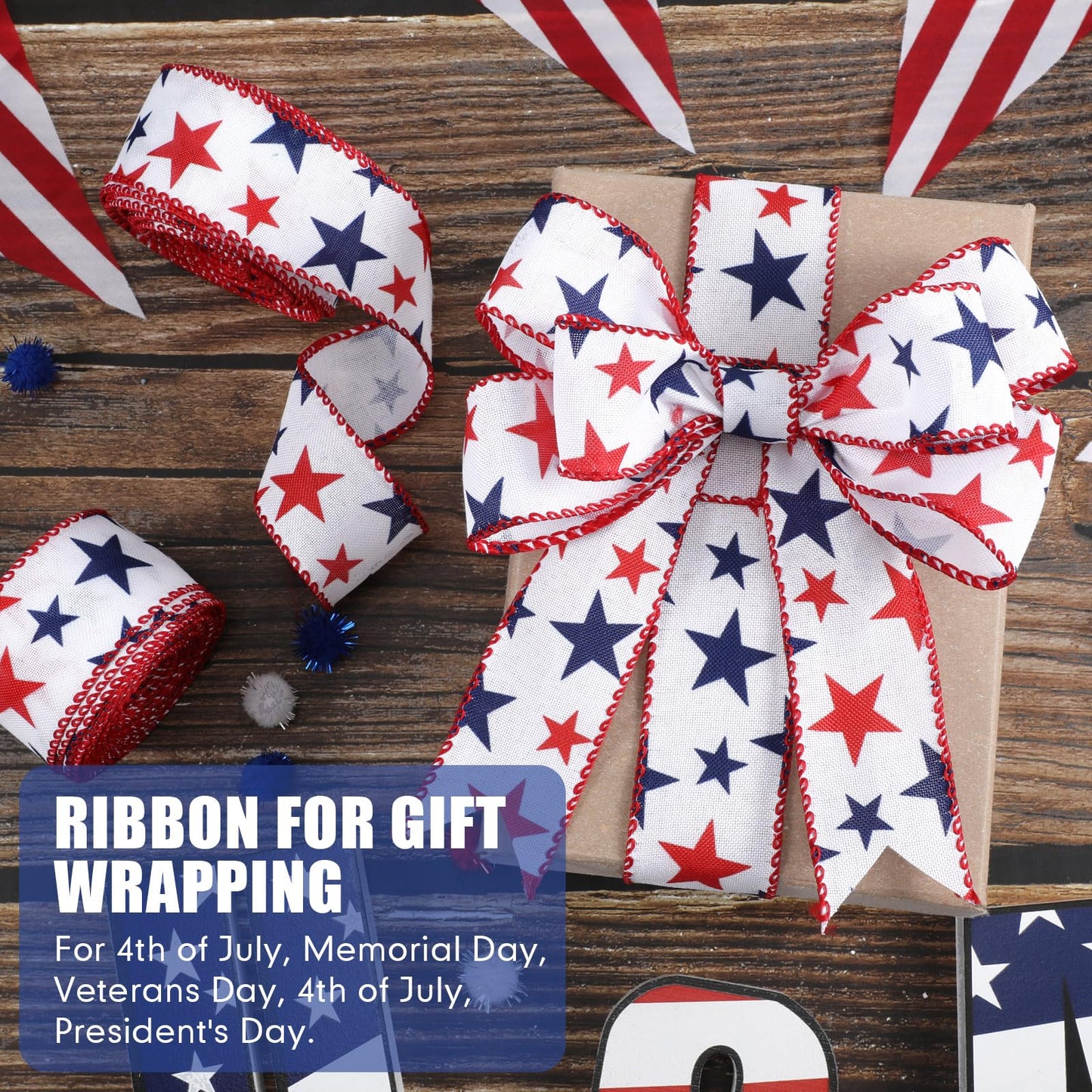 XunYee 2 Rolls Patriotic Ribbons 20 Yards American Red White and Blue Ribbon 4th of July Memorial Day Star USA Fabric Ribbon for Patriot Labor Party Bow Wreath Making DIY Crafts(1.5 Inch)