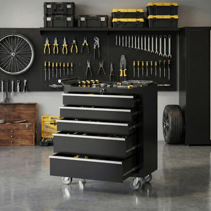 SierraSquad Rolling Tool Chest, 5-Drawer Tool Storage Cabinet, Tool Box with Wheels, Lock System and Drawer Liners, Tool Cart for Warehouse, Workshop and Repair Shop, Black