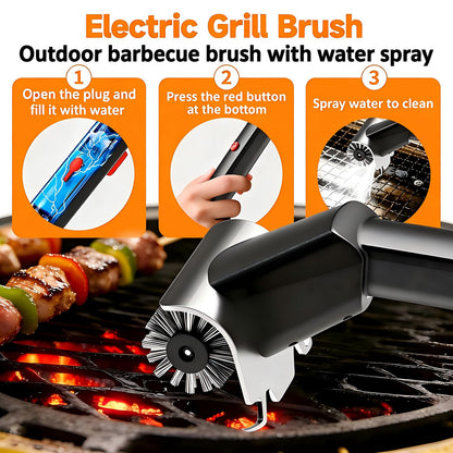 Electric Grill Brush with Water Spray & LED Light, 2600mAh Rechargeable BBQ Cleaner with 2 Speed Modes, 100 Mins Runtime, 304 Stainless Steel Heat Resistant Grill Brush for Outdoor Camping