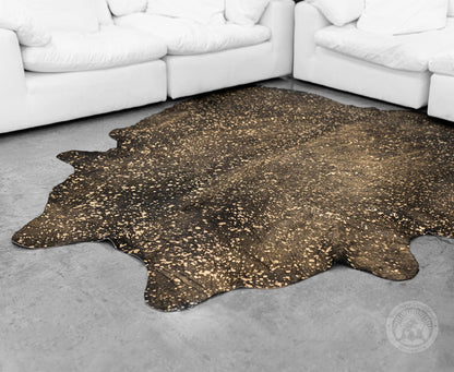 Sunshine Cowhides 100% Genuine Metallic Gold on Dyed Black Cowhide Rug - Modern Style Brazilian Animal Skin Rug & Floor Carpet for Living Room, Bedroom, Kitchen & More - Large (6x7-8ft)