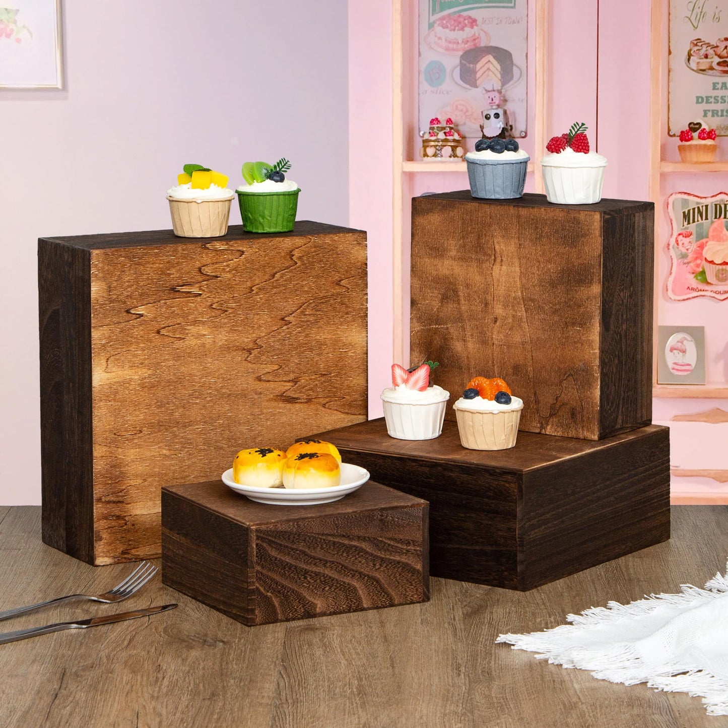 WEASATRY 4 pieces wooden cake stands,antique brown cupcake stands for display,12 inches square wooden crates ,wood display risers for wedding,birthday party,Christmas,etc. (Antique Brown)